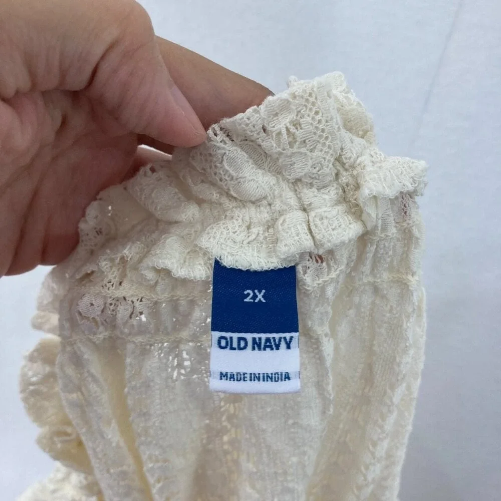 New‎ Old Navy size 2X Cream White Tie Front Lace Crochet Puff Sleeve Top Boho